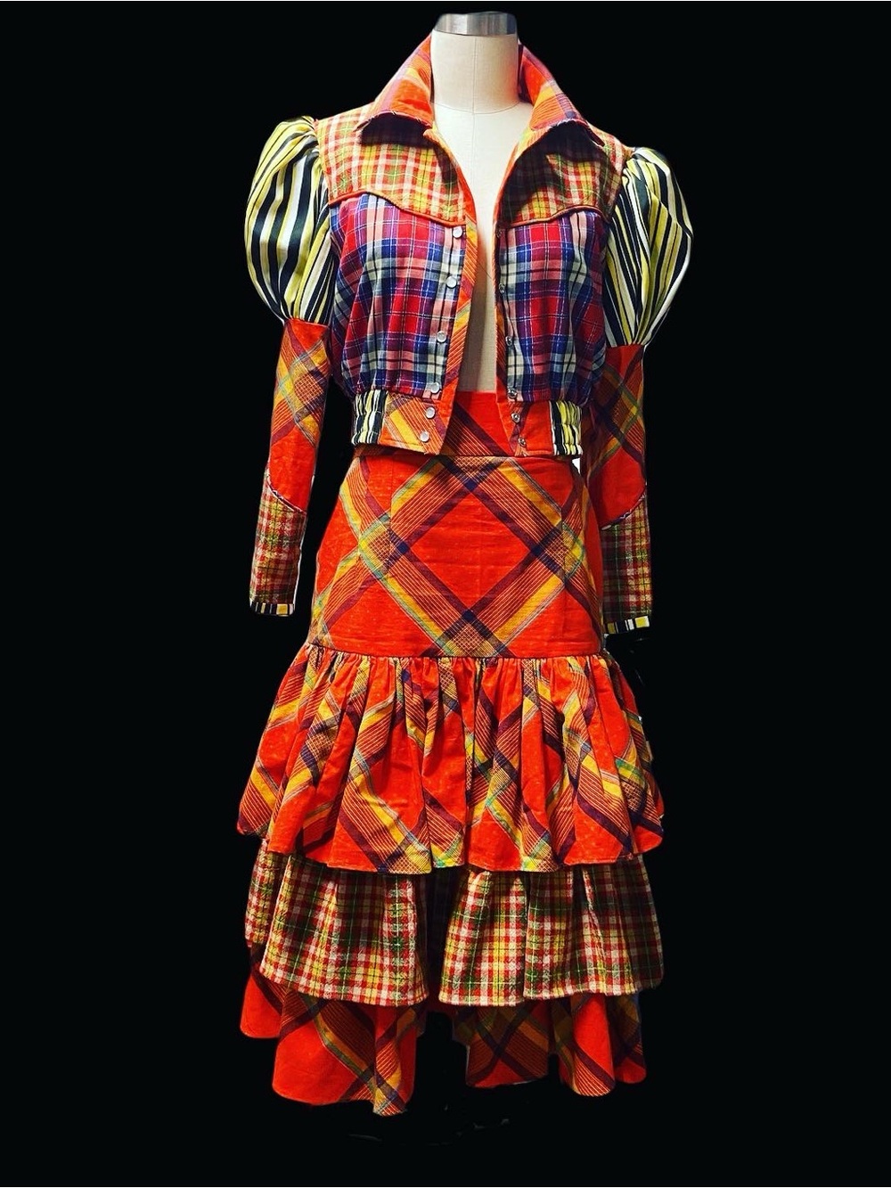 Women’s Mixed Plaid Tiered Ruffle Skirt and Puff Sleeve Jacket 6